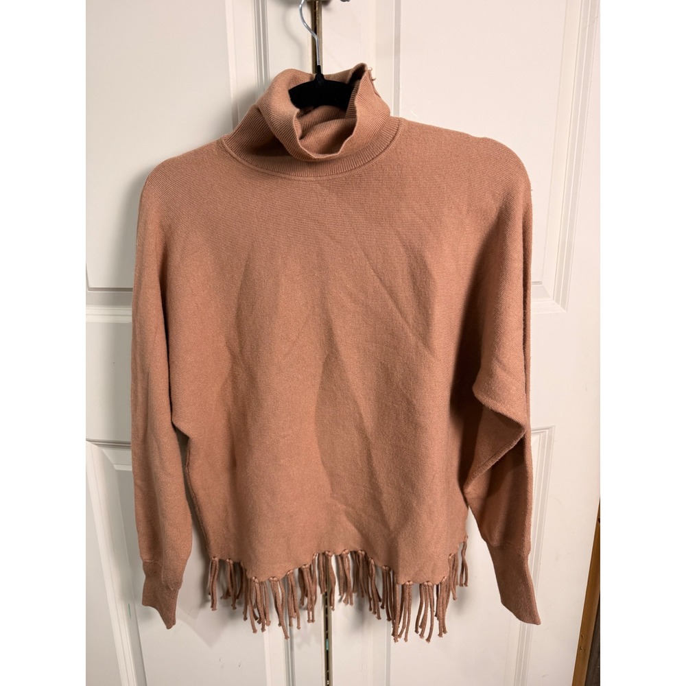 Carmen Marc Valvo Fringe Hem Turtleneck Sweater Terracotta Brown Small